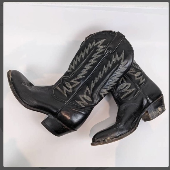 Vintage Shoes - Vintage Retro Western Black Leather Cowboy Boots